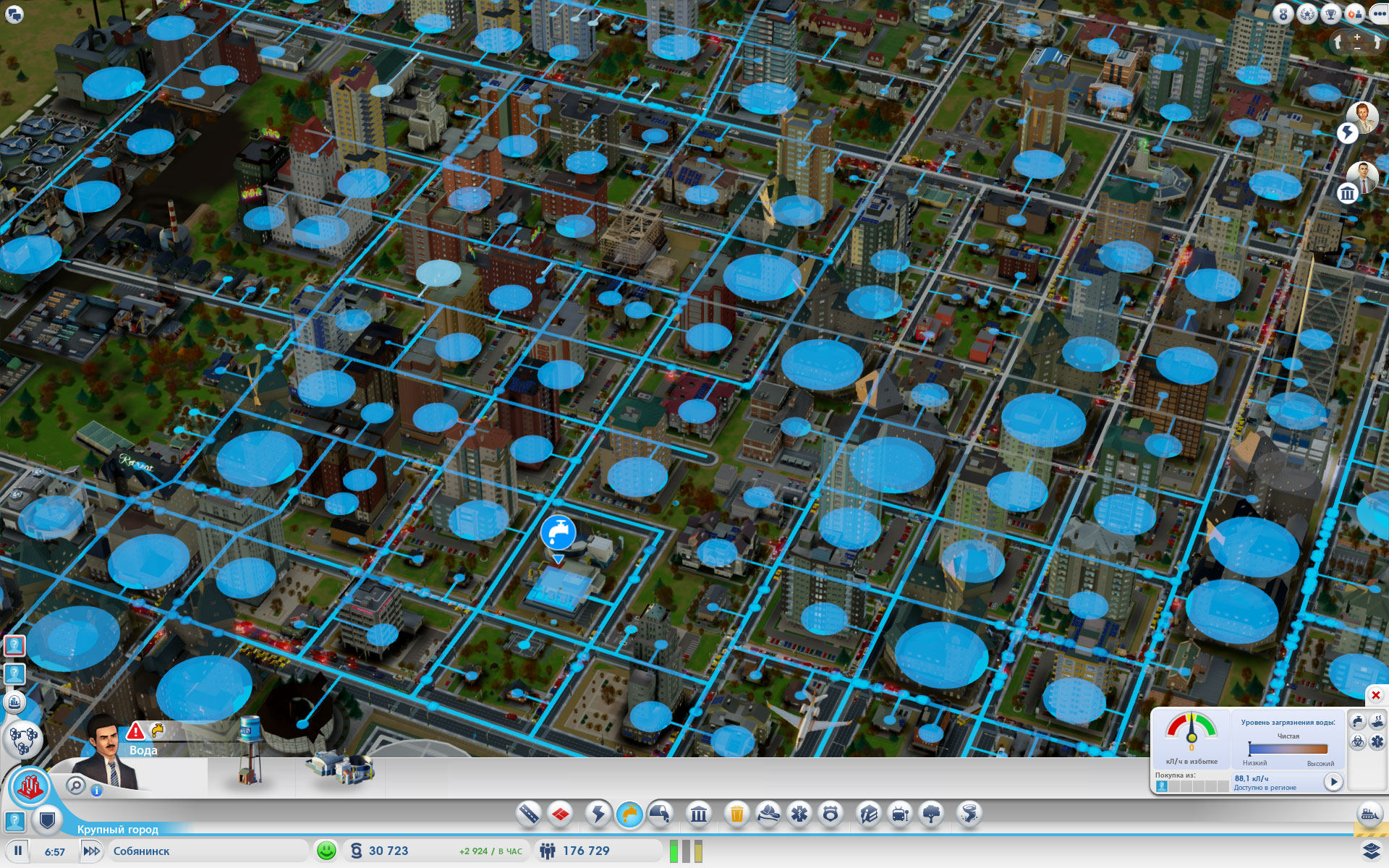 Карта снабжения водой города в SimCity.