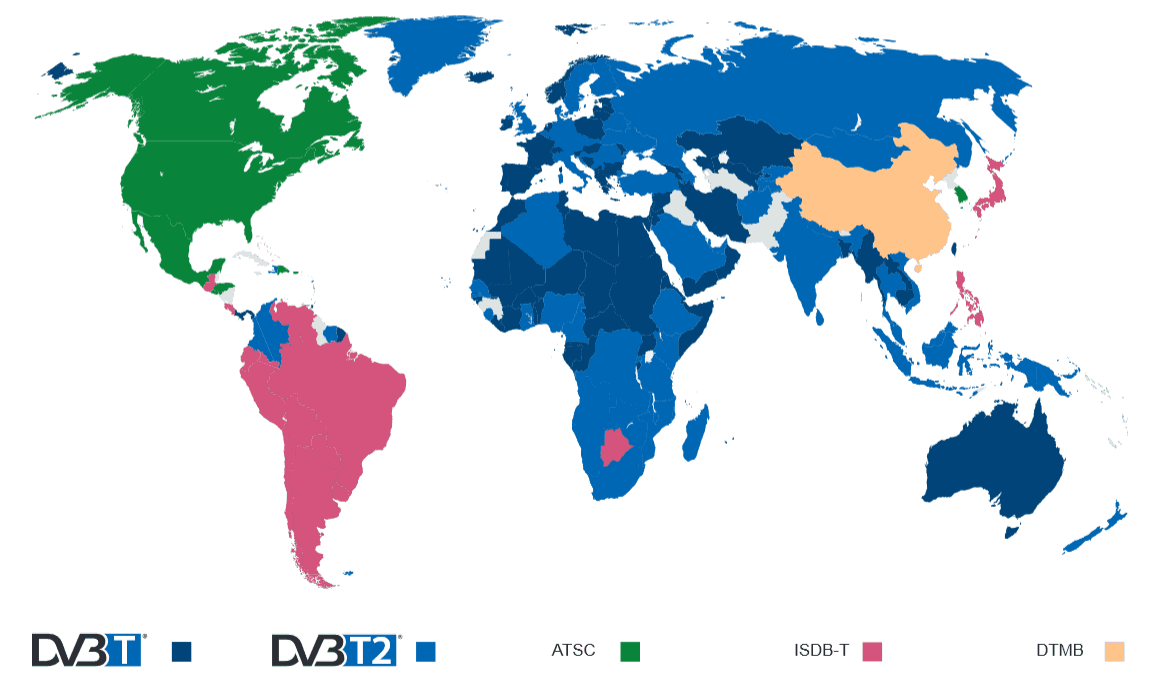 Схема распределения стандартов наземного цифрового вещания по странам мира. По информации консорциума DVB на 2015 год.