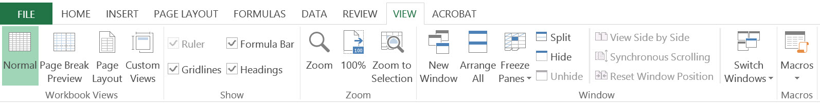 Группа View в интерфейсе Excel