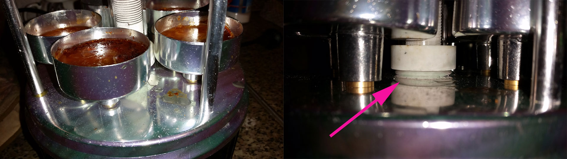 После двух загрузок шашлыка чашечки уже почти полны, но не протекают. Стрелкой отмечен прилив вокруг нагревательного элемента.