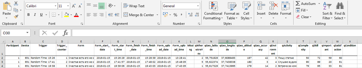 Результата работы приложения movisensXS выгруженный в Excel