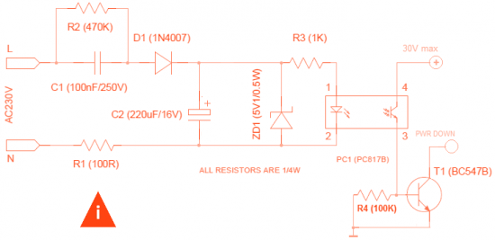 схема, ac230v, сенсор переменного тока, детектор напряжения, All resistors are 1/4w