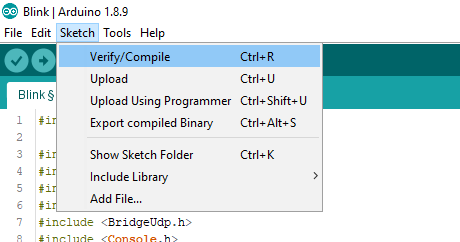 sketch, arduino ide, 1.8.9, veryfy/compile, Upload, Upload Using Programmer, Export compiled Binary, Show Sketch Folder, Include Library, Add File...