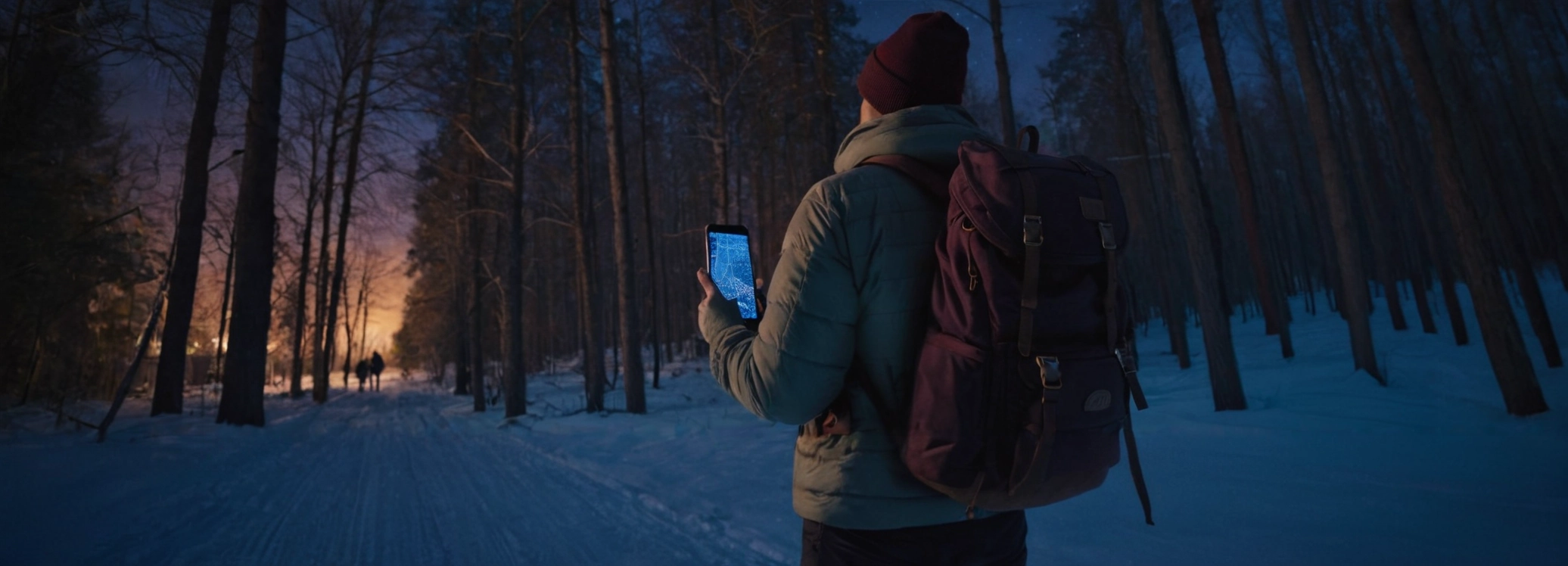 Турист ориентируется по смартфону в ночном лесу