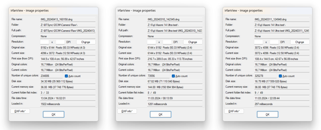 Окно информации от трех файлов снятых в UltraRAW режиме. Xiaomi 14 и Xiaomi 14 Ultra.